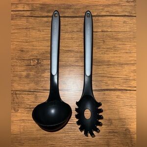 TWO Durable Calphalon Utensils// Ladle and Slotted Spoon Black Plastic 13"
